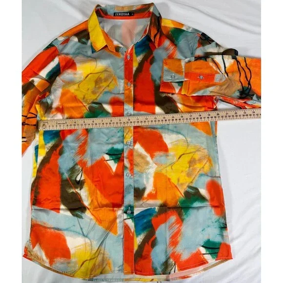 Zeroyaa Men's Medium Abstract Paint Splatter Button Down Shirt Long Sleeve Party - Picture 5 of 5